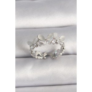 Brass Silver Color Zircon Stone White Enamel Butterfly Model Adjustable Ring