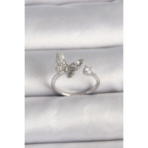 Brass Silver Color Zircon Stone Butterfly Model Pearl Detail Adjustable Ring