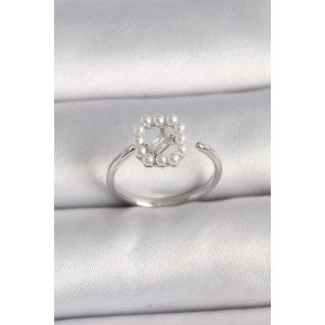 Brass Silver Color Zircon Stone Detailed Adjustable Ring with Pearls