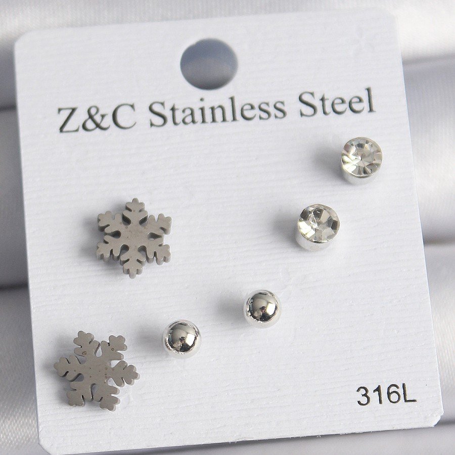 316L Steel Silver Color Zircon Stone Snowflake Model Women s Earring Set