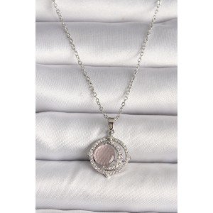 316L Steel Silver Color Zircon Stone Pink Pearl Crescent Model Women's Necklace