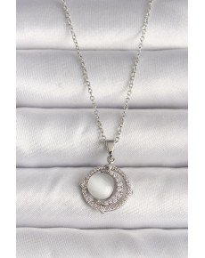 316L Steel Silver Color Zircon Stone White Pearl Crescent Model Women's Necklace