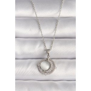 316L Steel Silver Color Zircon Stone White Pearl Crescent Model Women's Necklace
