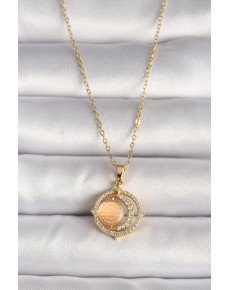 316L Steel Gold Color Zircon Stone Orange Pearlescent Crescent Model Women's Necklace