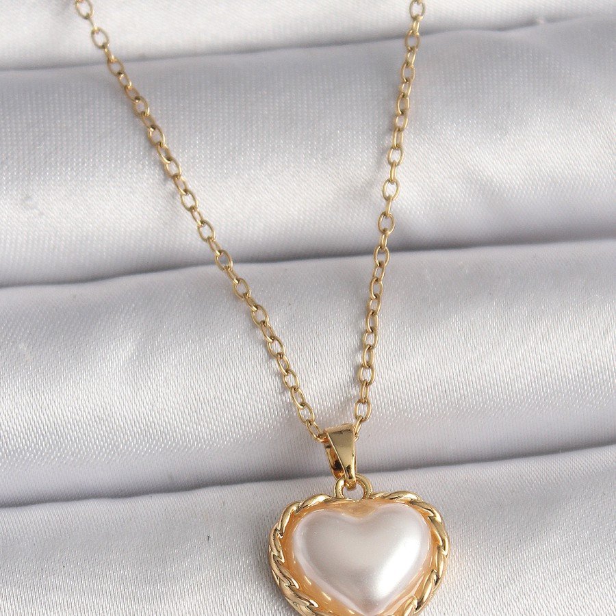 316L Steel Gold Color Chain 3D Pearl Heart Model Women s Necklace