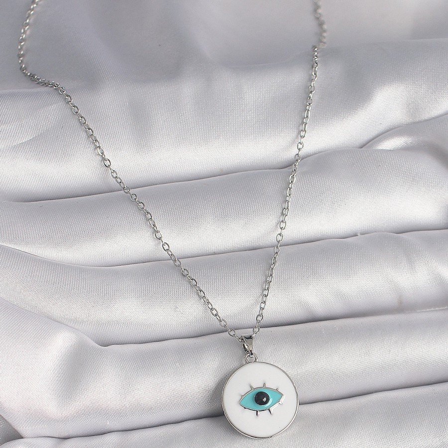 316L Steel Silver Color Chain White Enameled Turquoise Eye Engraving Model Women s Necklace