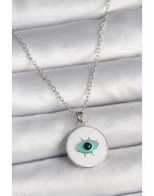 316L Steel Silver Color Chain White Enameled Turquoise Eye Engraving Model Women's Necklace
