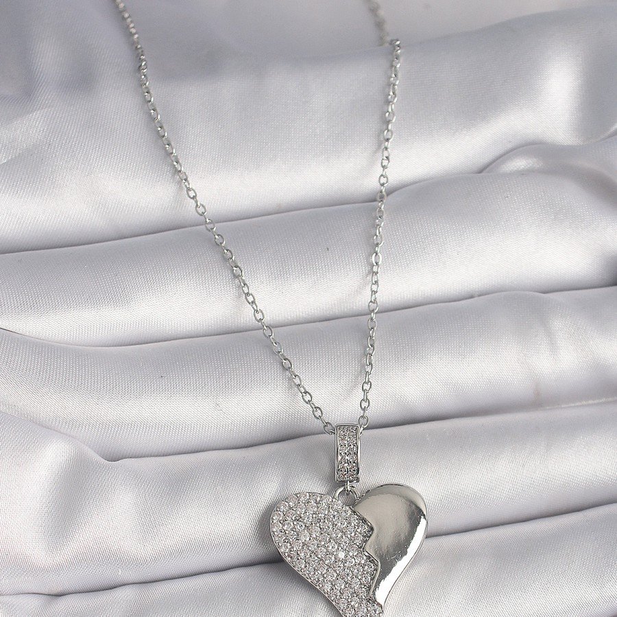 316L Steel Silver Color Chain Zircon Stone Broken Heart Model Women s Necklace