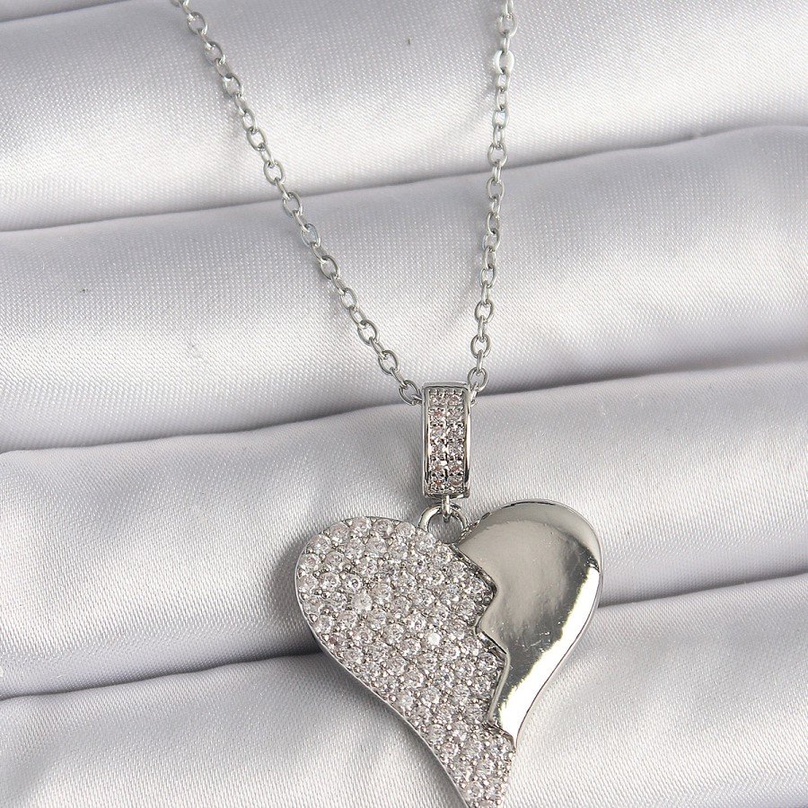 316L Steel Silver Color Chain Zircon Stone Broken Heart Model Women s Necklace