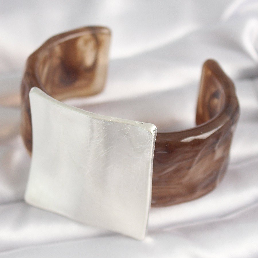 Brown Marble Pattern Acrylic Plastic Silver Square Plate Model Vintage Women s Bracelet