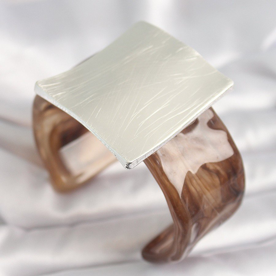 Brown Marble Pattern Acrylic Plastic Silver Square Plate Model Vintage Women s Bracelet