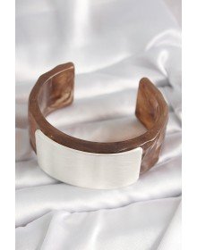 Brown Marble Pattern Acrylic Plastic Silver Rectangular Plate Vintage Women's Bracelet