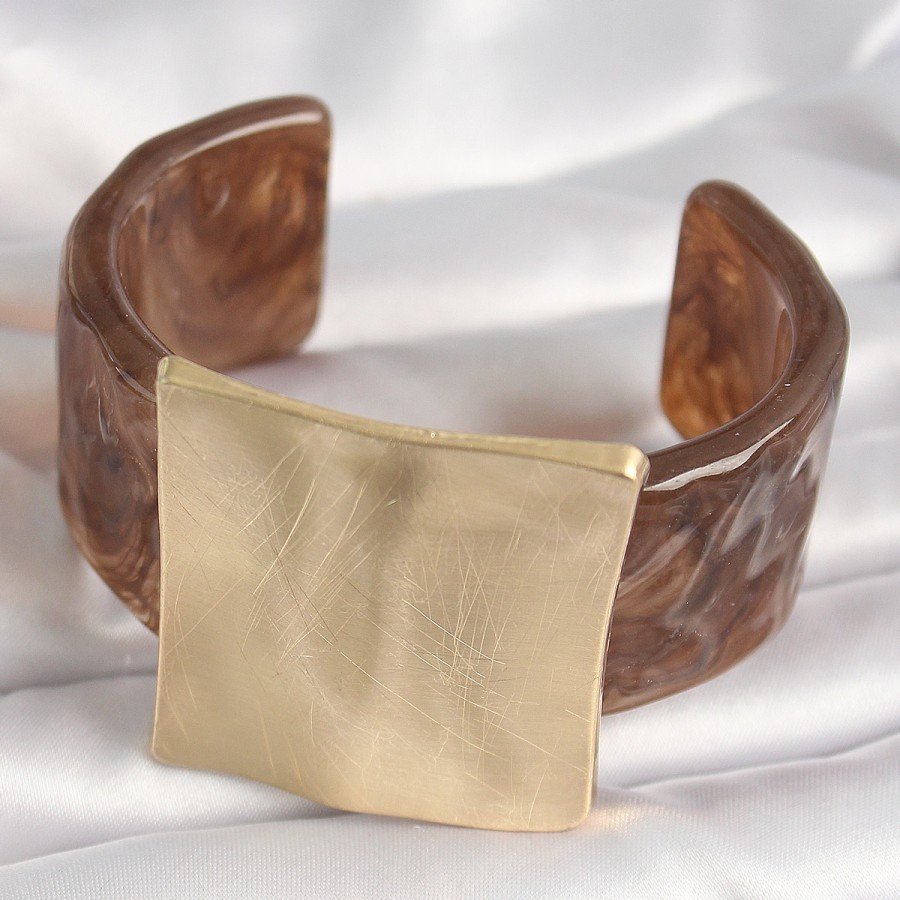 Brown Marble Pattern Acrylic Plastic Gold Square Plate Model Vintage Women s Bracelet