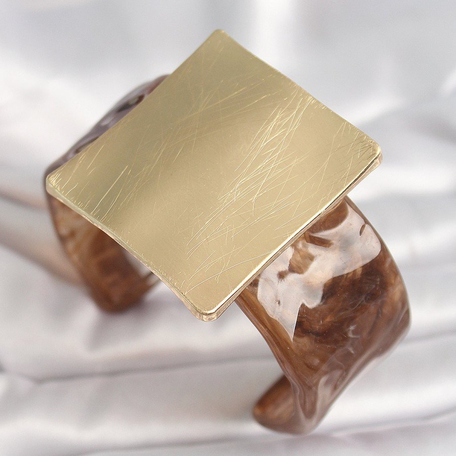 Brown Marble Pattern Acrylic Plastic Gold Square Plate Model Vintage Women s Bracelet