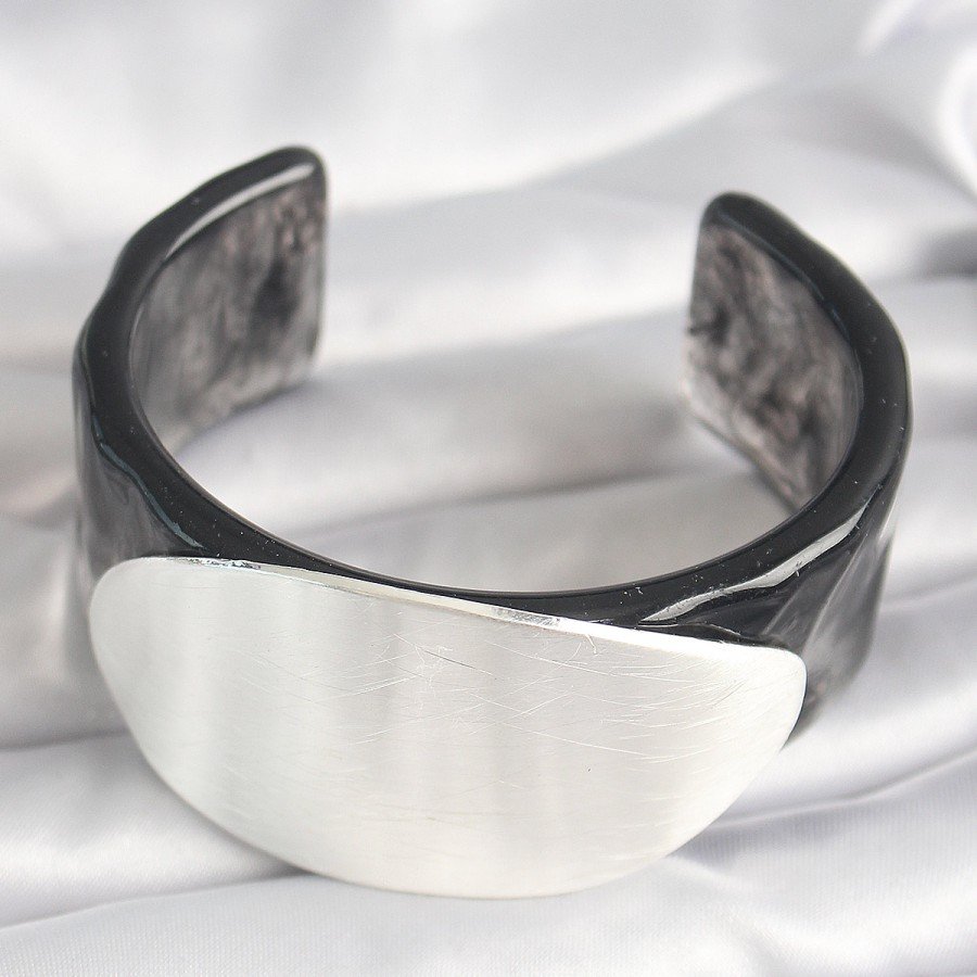 Black Marble Pattern Acrylic Plastic Silver Oval Plate Model Vintage Women s Bracelet