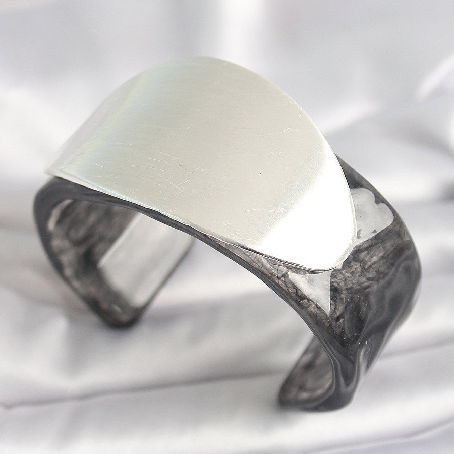 Black Marble Pattern Acrylic Plastic Silver Oval Plate Model Vintage Women s Bracelet