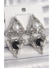 Brass Silver Color Dangle Triangle Model Pearl Detail Women's Earrings