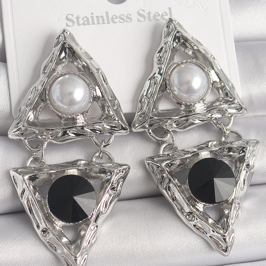 Brass Silver Color Dangle Triangle Model Pearl Detail Women s Earrings Brass Silver Color Dangle Triangle Model Pearl Detail Women s Earrings