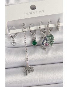 Brass Silver Color Dangle Zircon Stone Tree Figure Multiple Women's Earring Set