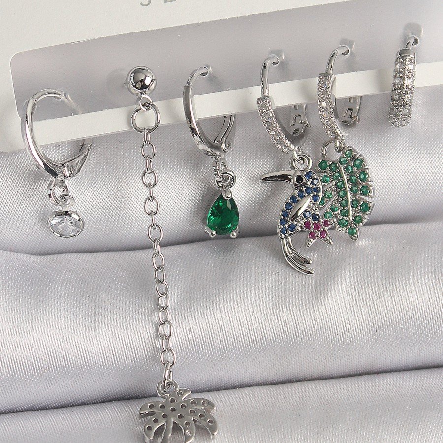 Brass Silver Color Dangle Zircon Stone Tree Figure Multiple Women s Earring Set