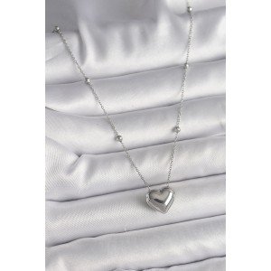 316L Steel Silver Color Ball Detail Chain Heart Model Women's Necklace