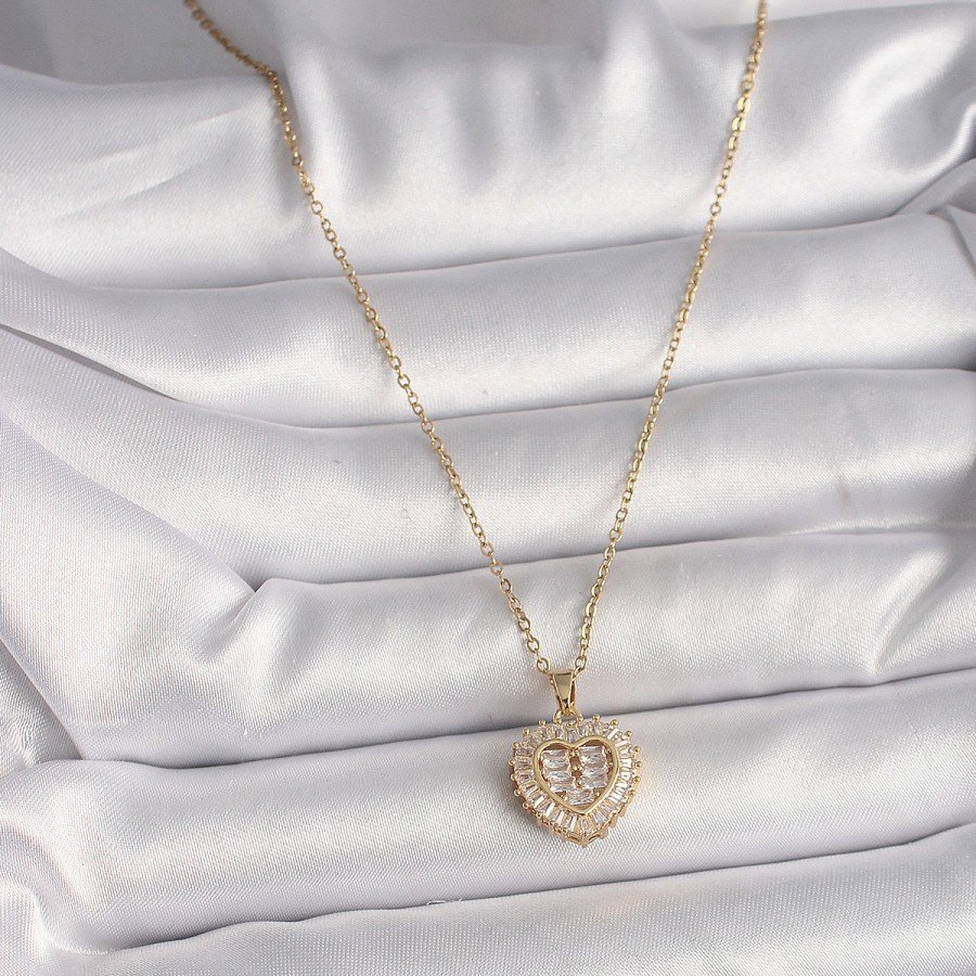 316L Steel Gold Color Chain Zircon Stone Heart Model Women s Necklace