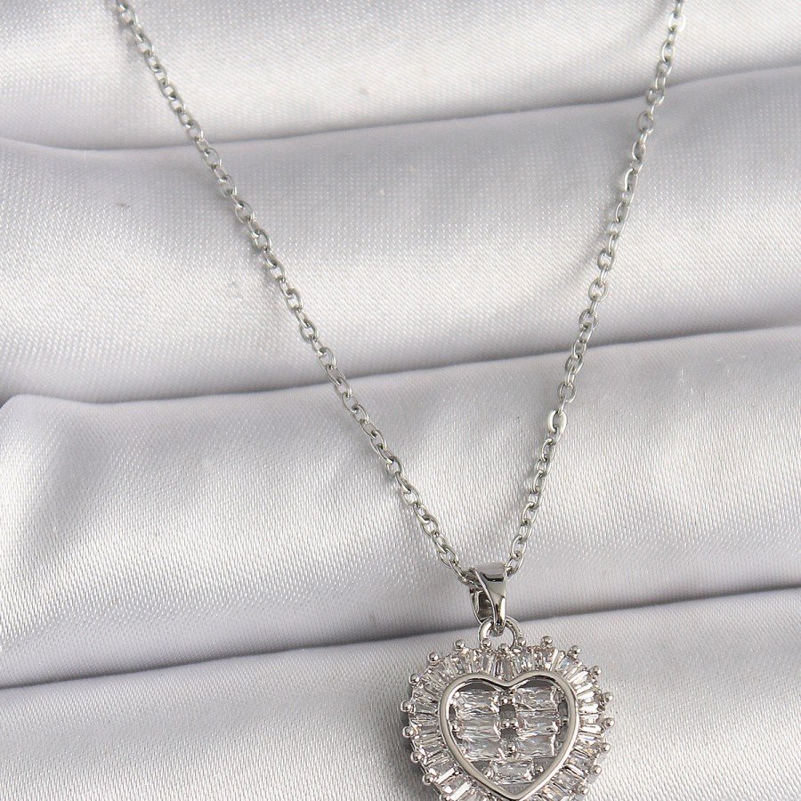 316L Steel Silver Color Chain Zircon Stone Heart Model Women s Necklace
