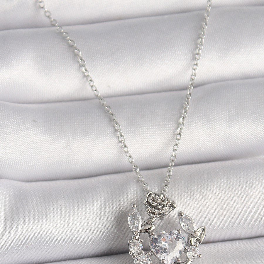 316L Steel Silver Color Chain Zircon Stone Heart Figure Rose Detail Women s Necklace