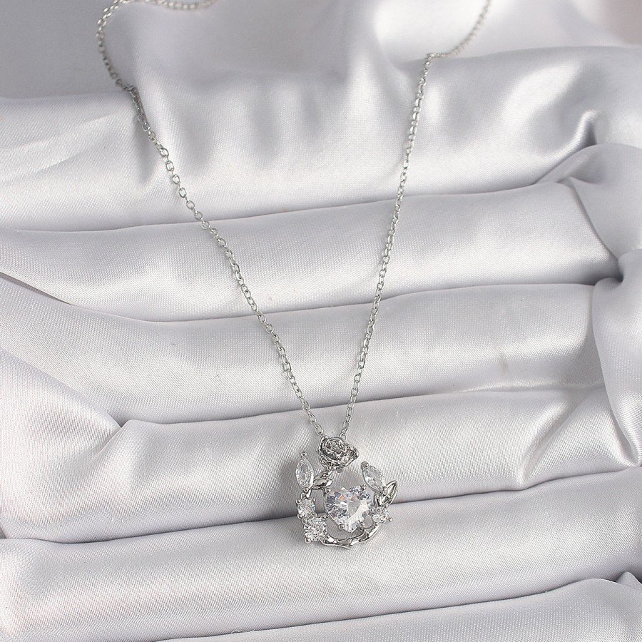 316L Steel Silver Color Chain Zircon Stone Heart Figure Rose Detail Women s Necklace