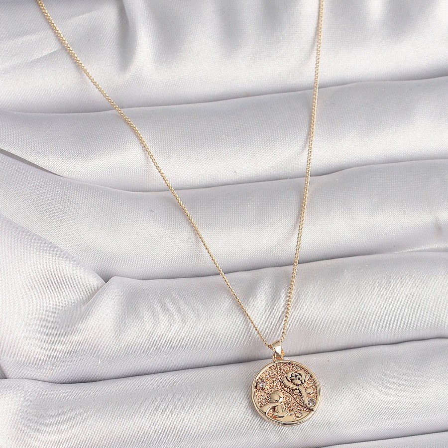 Brass Gold Color Zircon Stone Detailed Rose Engraved Medallion Model Women s Necklace