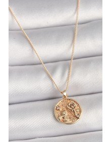 Brass Gold Color Zircon Stone Detailed Rose Engraved Medallion Model Women's Necklace