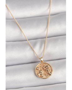 Brass Gold Color Zircon Stone Detailed Rose Engraved Medallion Model Women's Necklace
