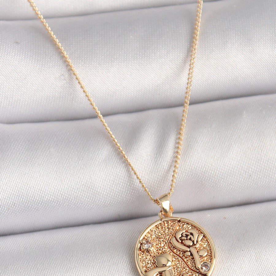 Brass Gold Color Zircon Stone Detailed Rose Engraved Medallion Model Women s Necklace