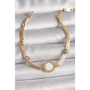 316L Steel Gold Color Flat Chain Model Zircon Stone Detailed White Enamel Medallion Model Women's Bracelet 316L Steel Gold Color Flat Chain Model Zircon Stone Detailed White Enamel Medallion Model Women's Bracelet