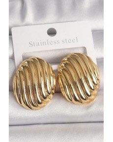 Brass Gold Color Embroidered Oval Model Women's Earrings