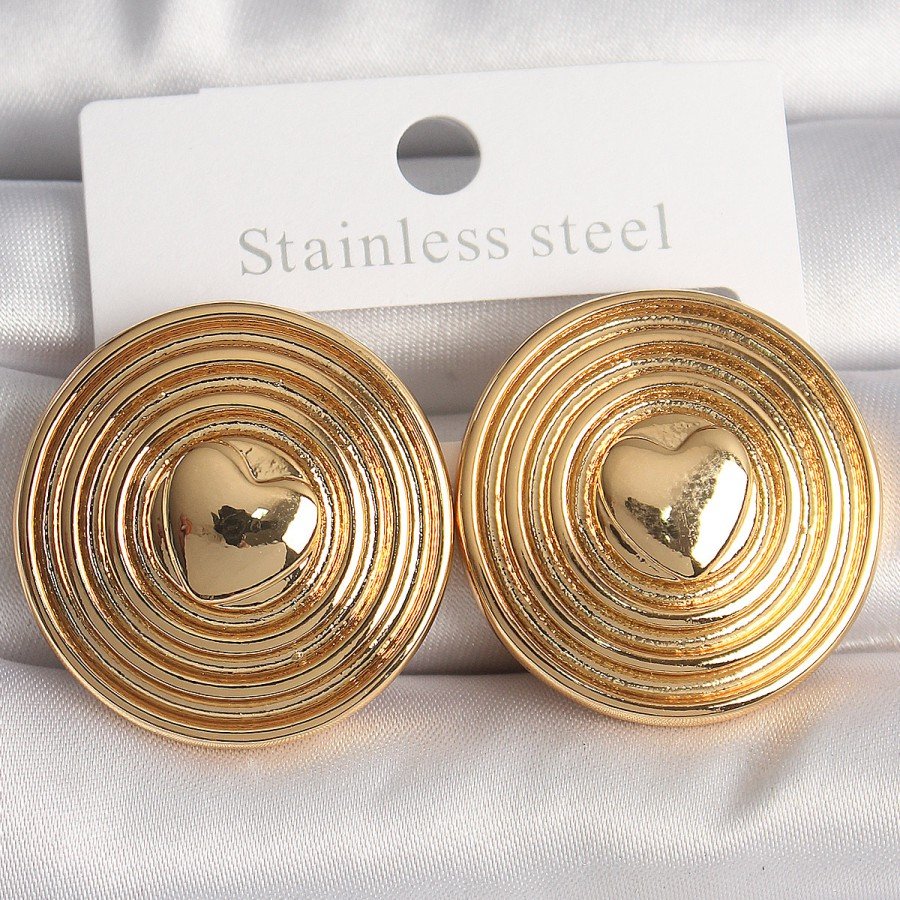 Brass Gold Color Heart Embroidered Circle Plate Model Women s Earrings