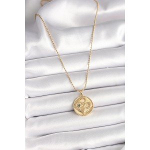 316L Steel Gold Color Ball Chain Snake Embroidered Zircon Stone Detailed Medallion Model Women's Necklace