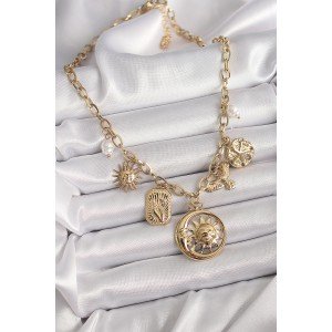 316L Steel Gold Color Ring Chain Hanging Moon Sun Figure Bird Detail Women's Necklace