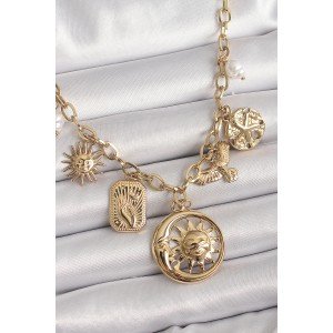 316L Steel Gold Color Ring Chain Hanging Moon Sun Figure Bird Detail Women's Necklace