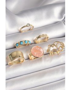 Brass Gold Color Circle Pink Enameled Zircon Stone Detailed 6-Piece Women's Ring Set