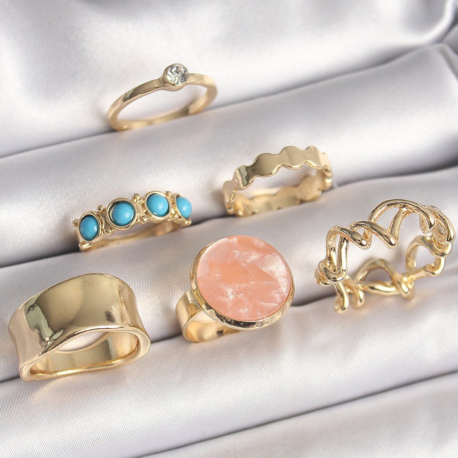 Brass Gold Color Circle Pink Enameled Zircon Stone Detailed 6-Piece Women s Ring Set