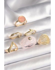 Brass Gold Color Pink Plastic Ring Model Circle Pink Enamel Snake Detail Set of 6 Women's Rings