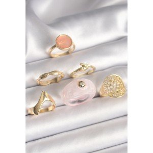 Brass Gold Color Pink Plastic Ring Model Circle Pink Enamel Snake Detail Set of 6 Women's Rings