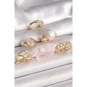 Brass Gold Color White Pearl Chain Ring Figure Engraving Detail Set of 6 Women's Rings Brass Gold Color White Pearl Chain Ring Figure Engraving Detail Set of 6 Women's Rings