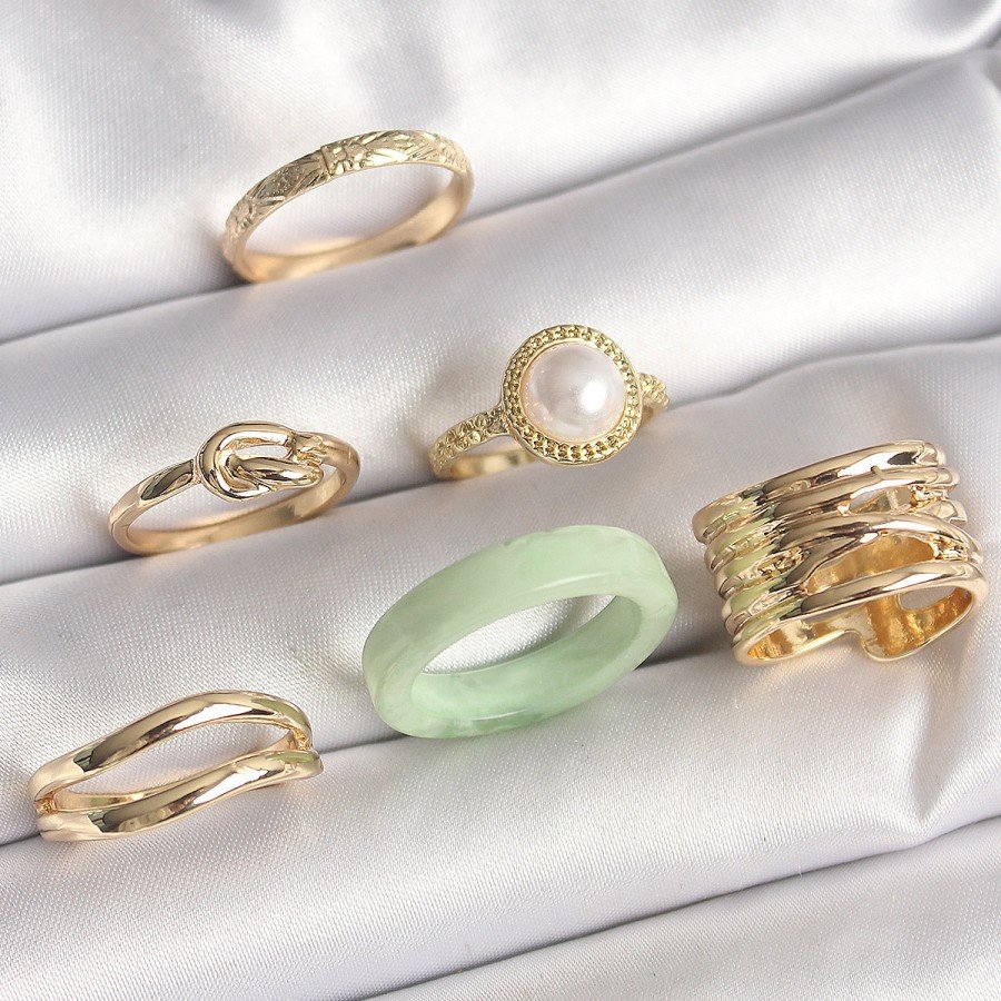 Brass Gold Color Knot Model Pearl Embroidered Plate Model 6-Piece Women s Ring Set