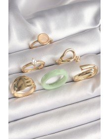 Brass Gold Color Zircon Stone Circle Pink Enamel Detail Set of 6 Women's Rings