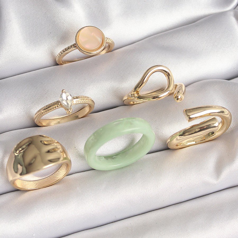 Brass Gold Color Zircon Stone Circle Pink Enamel Detail Set of 6 Women s Rings