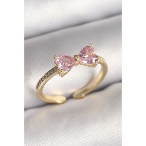 Brass Gold Color Pink Zircon Stone Heart Bow Model Women's Ring