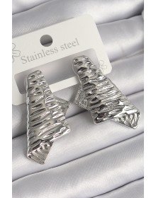 Brass Silver Color Processing Detailed Folded Square Plate Model Women's Earrings
