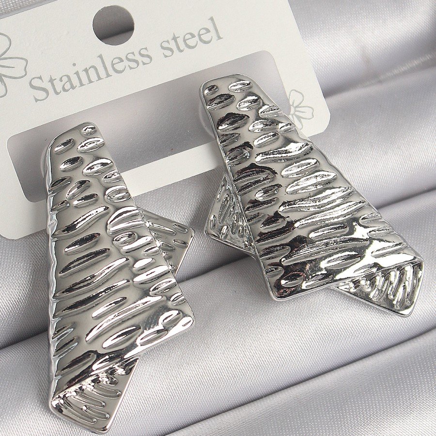 Brass Silver Color Processing Detailed Folded Square Plate Model Women s Earrings